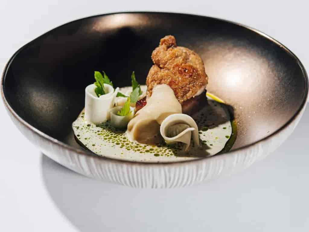 Gourmet dish with fried protein, sauce, and rolled vegetables in a dark bowl