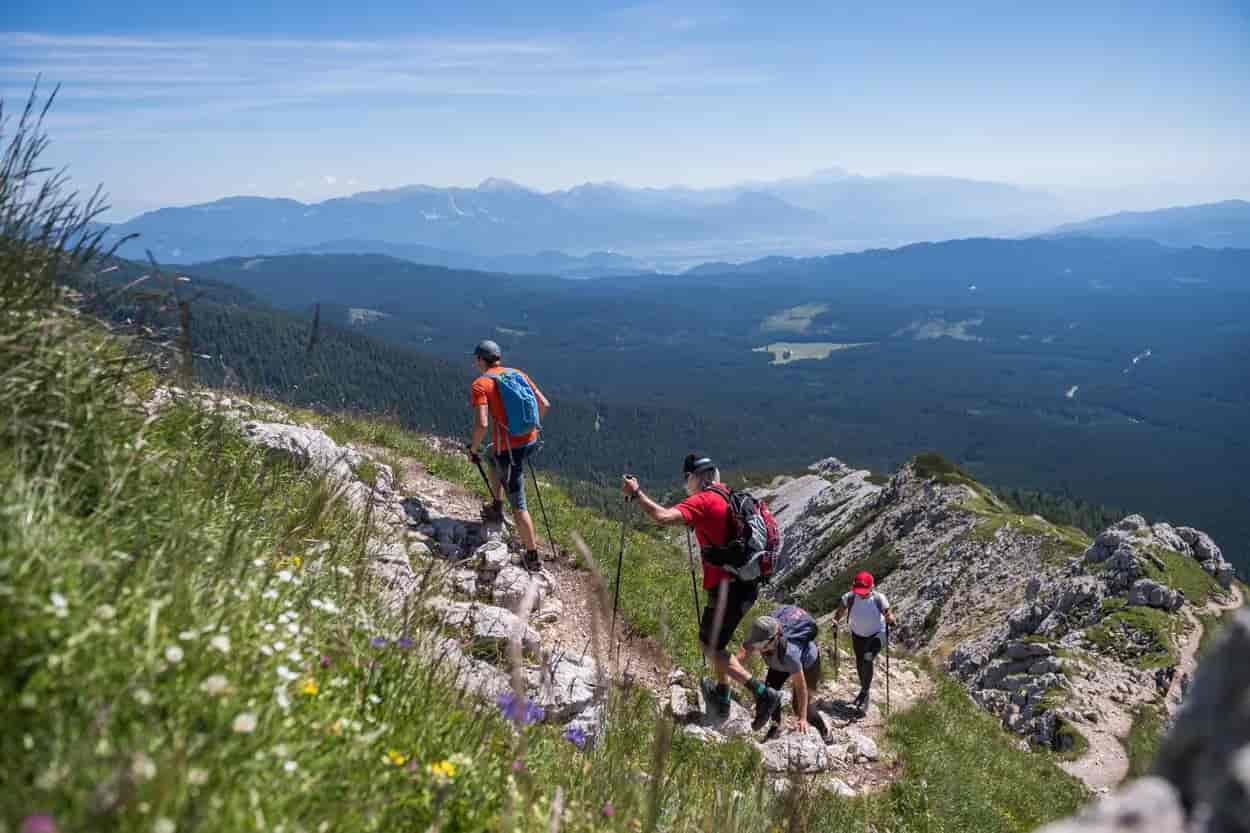 Hikers with poles ascending rocky alpine trail overlooking forested valleys and distant mountains.