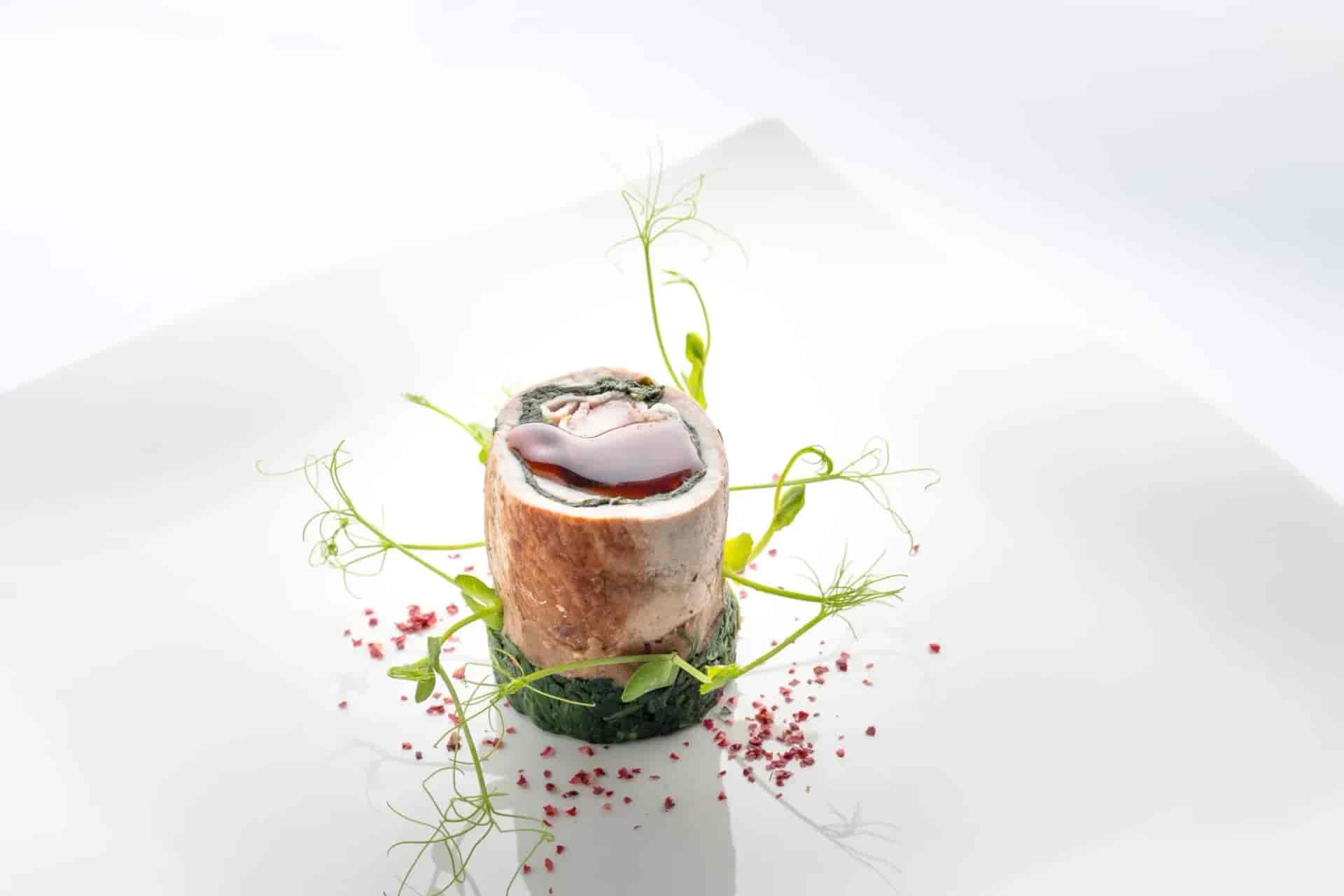 Gourmet meat roulade with dark sauce, spinach, and microgreens on a white plate.