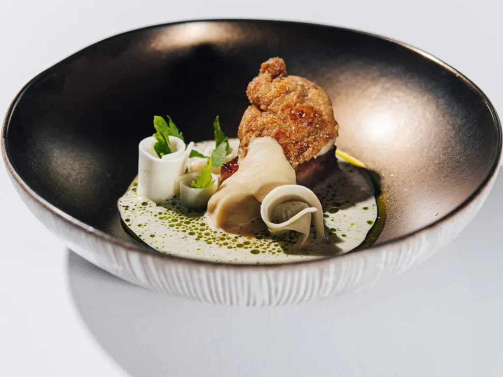 Gourmet dish with fried protein, sauce, and rolled vegetables in a dark bowl