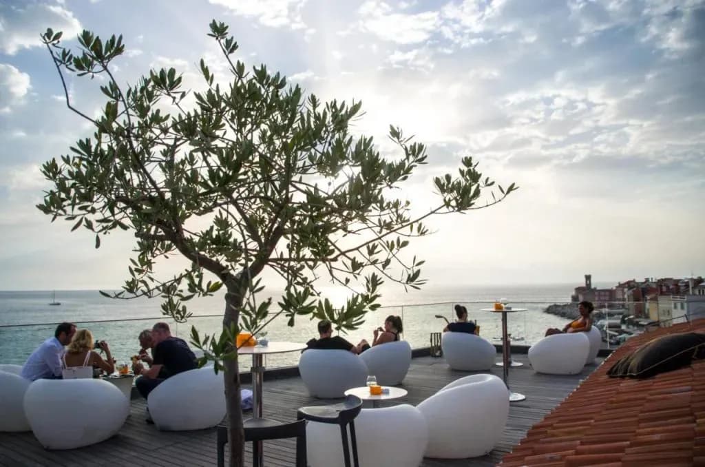 Rooftop terrace bar with white seating, olive tree, and view of Piran coastline and sea