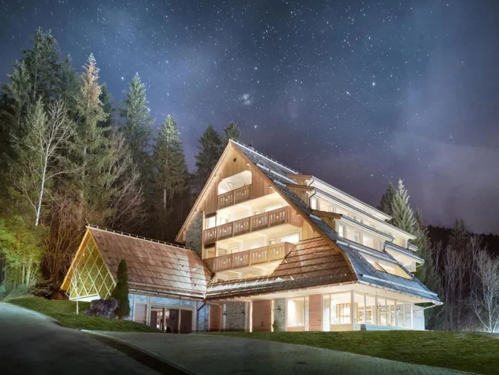 Illuminated wooden hotel at night beneath a starry sky near a dark forest in Vila Planinka