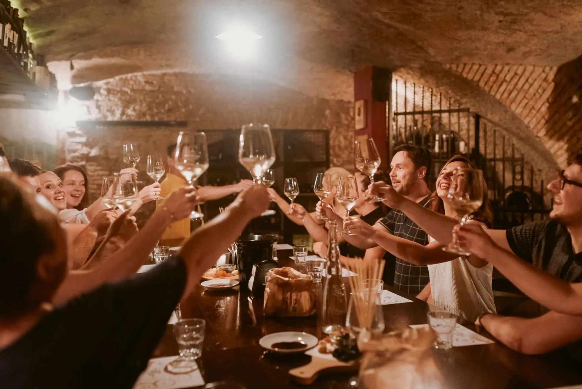 Group toasting with white wine glasses in a dimly lit, vaulted cellar in Ljubljana.