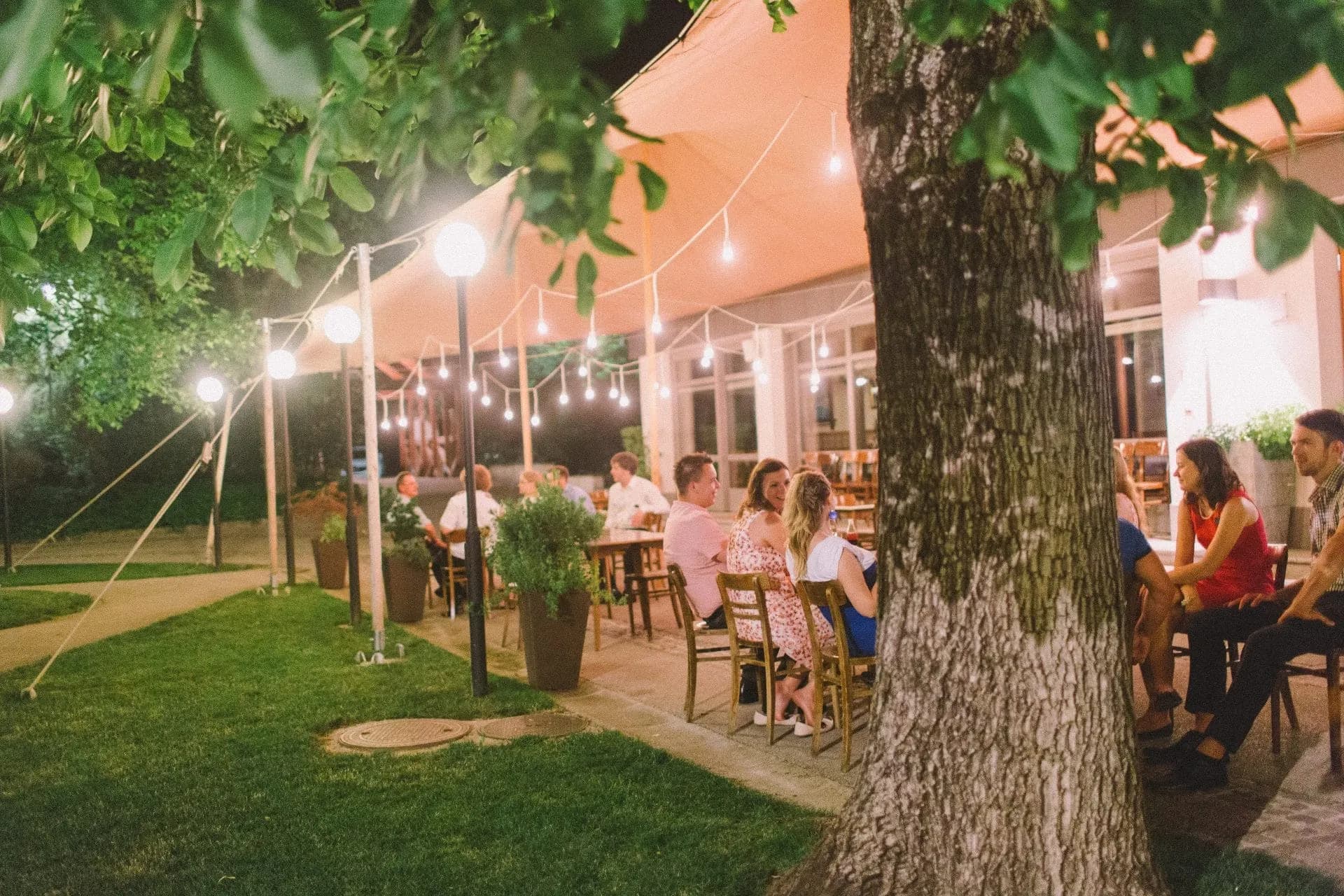 Outdoor dining patio at night with string lights, large tree, and guests on grassy area in Dvor Jezeršek.