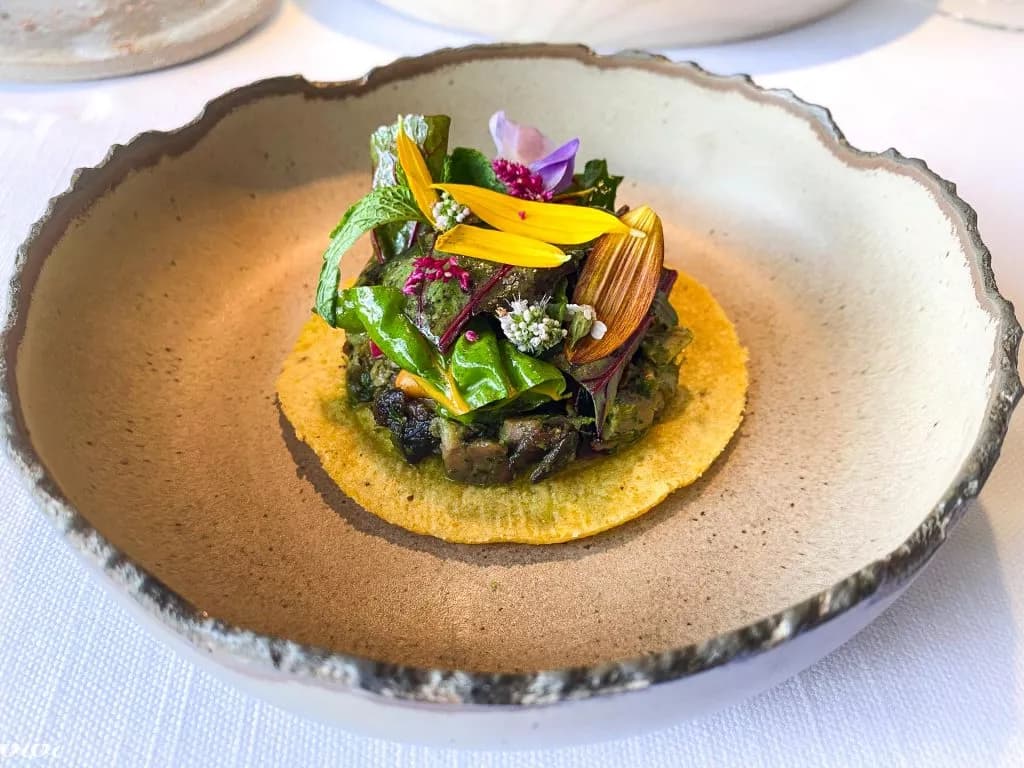 Gourmet appetizer on a corn tortilla with greens and edible flowers in a rustic bowl.