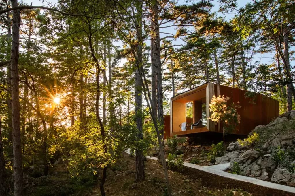 Glamping Vipava modern cabin nestled in sunlit forest with tall pine trees